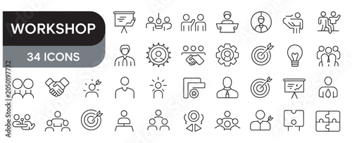 Set of thirty four workshop and business collaboration line icons for office projects