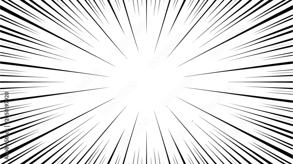 Fototapeta premium Black and white radial speed lines emanating from a central white circle on a white background Keywords: speed lines