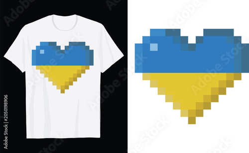 Retro 8 Bit Pixel Heart Ukraine Flag T Shirt Design