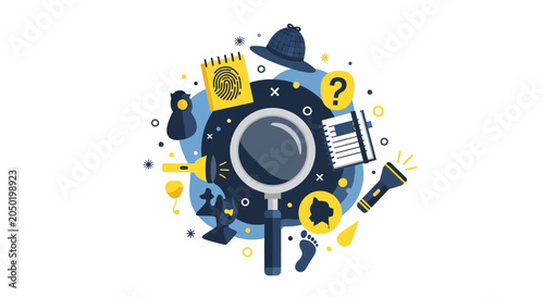 Detective Investigation Illustration with Magnifying Glass, Sherlock Hat, Fingerprint, and Mystery Clues in Flat Vector Style