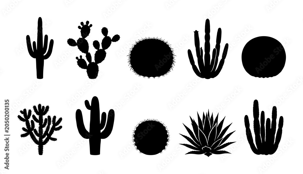 Fototapeta premium Collection of cactus silhouettes featuring desert plants, prickly pears, saguaro, barrel cactus, and succulent forms