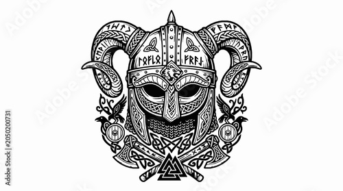 Viking helmet with horns, ravens, axes and valknut symbol