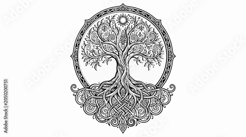 Tree of life illustration with intricate celtic knotwork roots and branches