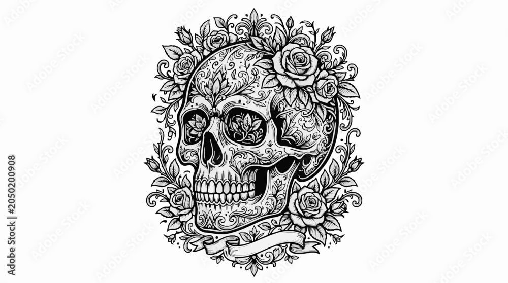 Fototapeta premium Ornate sugar skull with roses and floral filigree patterns