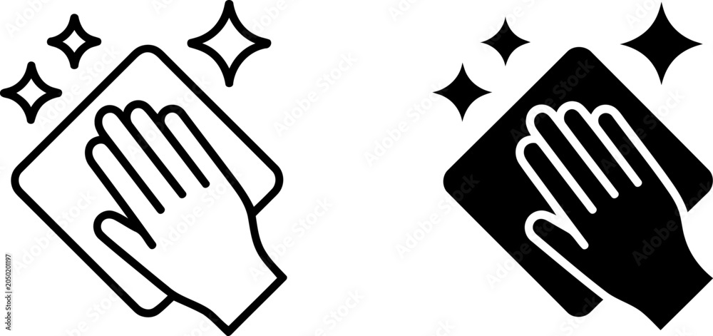 Fototapeta premium Hand Cleaning Surface with Cloth Outline and Solid Black Fill Two Styles wipe