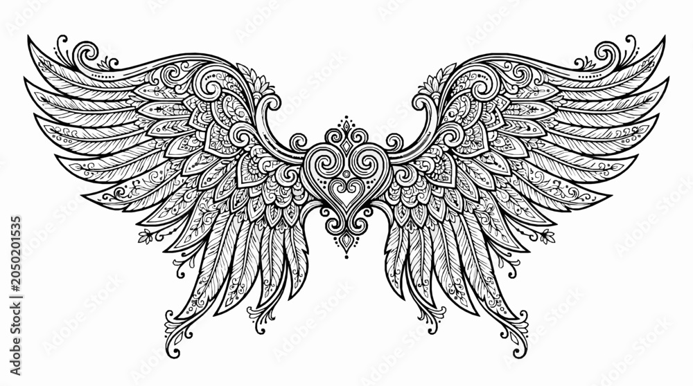 Fototapeta premium Ornate decorative wings with central heart element, intricate mandala style line art illustration
