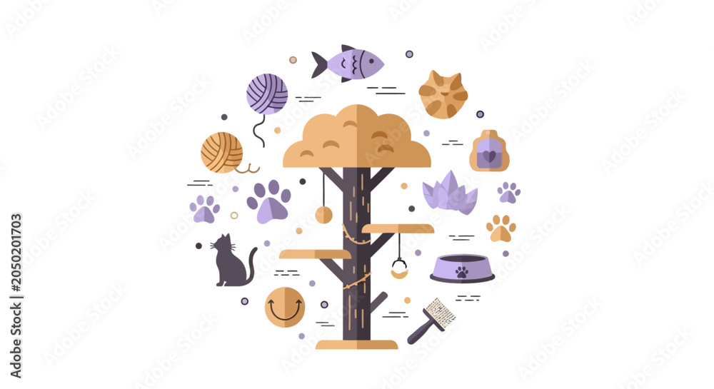 Fototapeta premium Flat Vector Illustration of Cat Accessories and Pet Care Supplies Featuring a Cat Tree and Toys