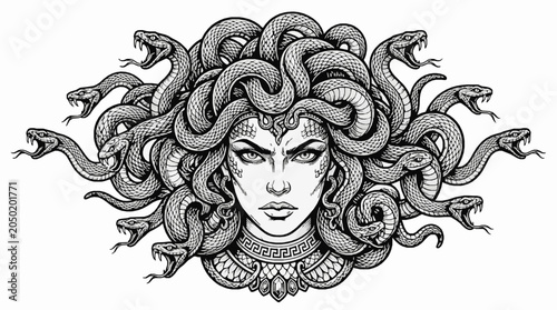 Medusa head with snake hair, mythological greek gorgon portrait