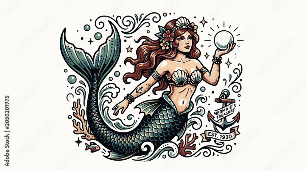 Obraz premium Vintage tattoo style mermaid holding a pearl