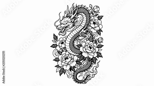 Traditional japanese dragon tattoo design with peony flowers