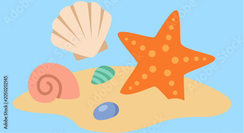 Seashells and starfish on sandy beach illustration