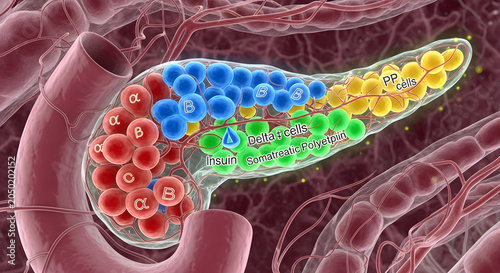 3D illustration of a pancreas showing alpha, beta, delta, and pp cells.