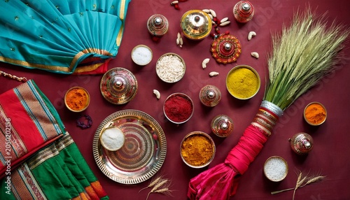 traditional punjabi attire flat lay composition for vaisakhi vibrant fabrics and accessories neatly arranged