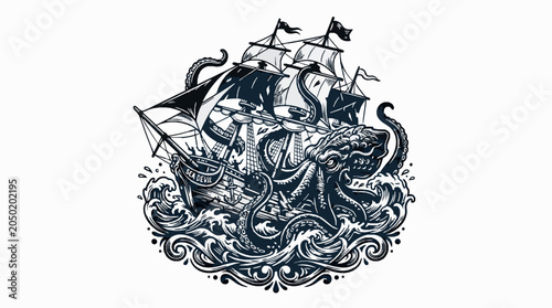 Kraken attacking a pirate ship sea devil