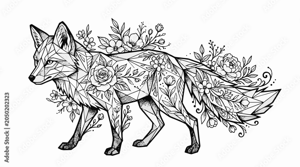 Obraz premium Geometric fox illustration with floral elements