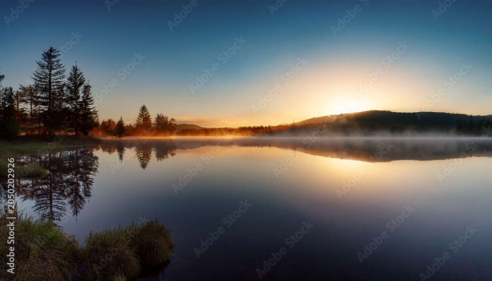 Obraz premium reflections on the surface of a tranquil lake at sunrise