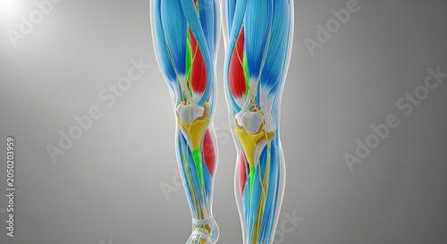 Anatomical view of human lower body muscles nervous system and skeletal knee joint parts.