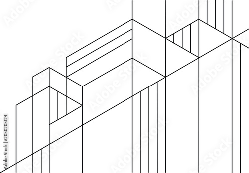Complex isometric geometric construction drawing with intersecting lines