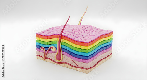 Layered skin model showcasing epidermis and dermis section with hair follicle structures.