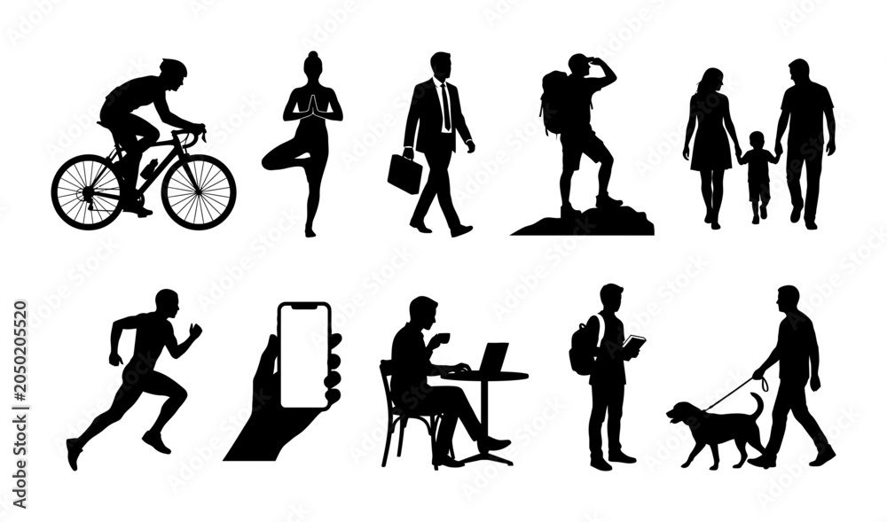 Obraz premium Collection of lifestyle people silhouettes featuring runners, dancers, families, musicians, cyclists, travelers, and daily activity figures