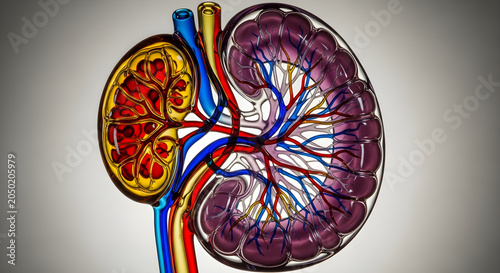 Stylized glass model of human kidney showing internal vascular structure and renal pelvis.