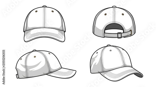 Black & White Dad Hat Complete View Set – Clean Linework Apparel Vector Mockup