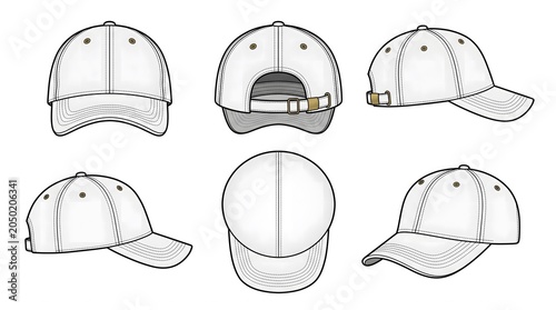 Dad Hat 6 View Vector Mockup Set – Front Back Side Top 3/4 Angle Black White Illustration