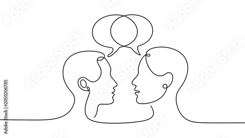  continuous line art illustration of two people communicating with speech bubbles, conversation, dialogue and social interaction concept in minimalist outline style
