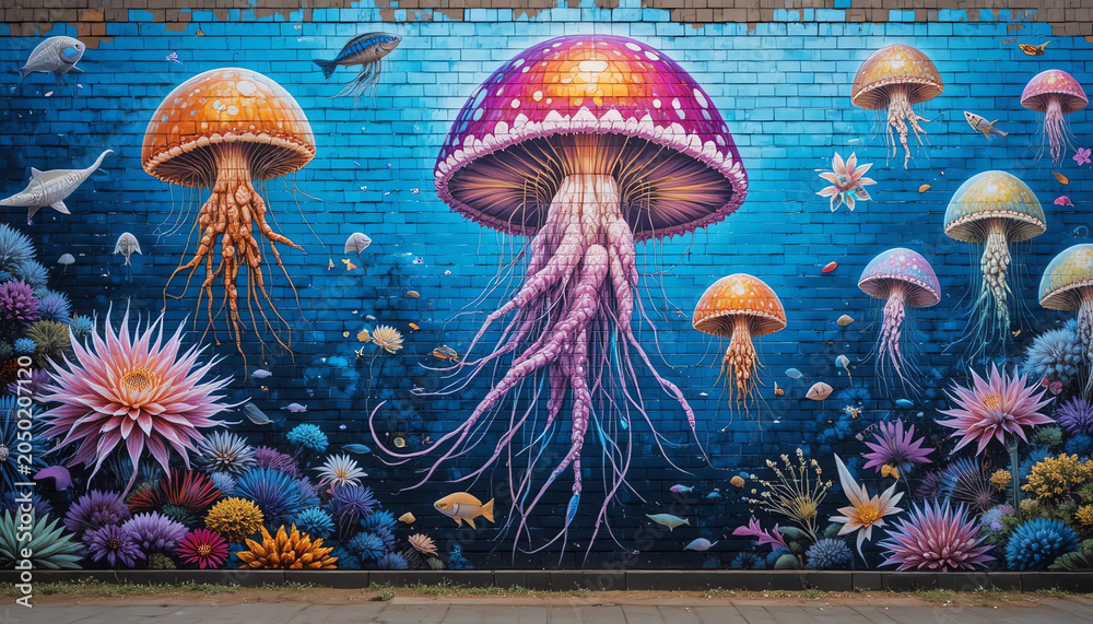 Obraz premium Vibrant underwater jellyfish mural painted on a rustic brick wall, colorful marine life street art,