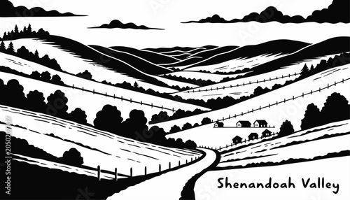 Cuadro en lienzo Very beautiful black-and-white engraved vector illustration featuring Shenandoah Valley with rolling hills, winding roads, open fields, and peaceful countryside scenery in monochrome style