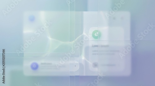 Abstract digital interface with ethereal light effects and soft, blurred glass panels, evoking a sense of calm and modern technology