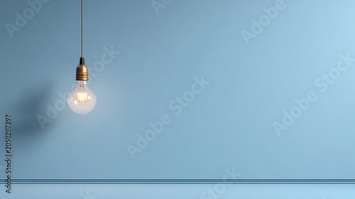 A single, glowing light bulb hangs from a cord against a plain, light blue wall, casting a soft shadow