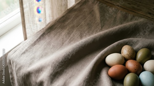 A rustic still life featuring a collection of farm-fresh eggs arranged on a textured linen cloth, bathed in soft natural light near a window