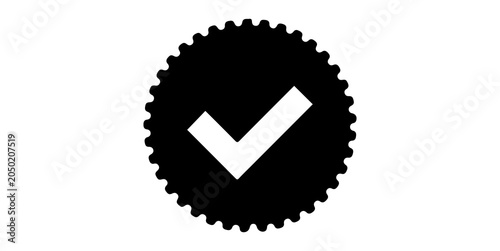 Foto flat vector badge icon featuring a white checkmark centered inside a solid black rosette or scalloped circle