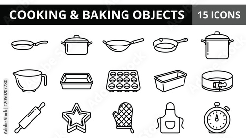Photos Cooking and Baking Utensils Icon Set: Pans, Pots, Molds, and Tools