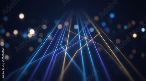 Abstract glowing lines create a futuristic digital network pathway with blurred bokeh lights in the background