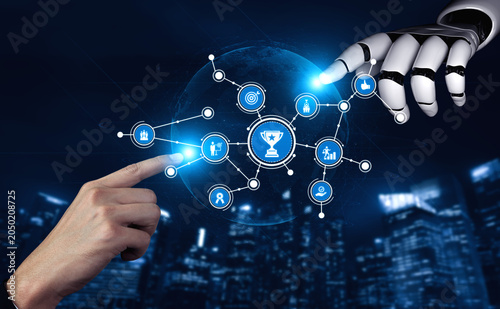 A robotic hand reaches toward a network of digital icons  symbolizing innovation and achievement in technology and business  blending human and machine collaboration. Tessel