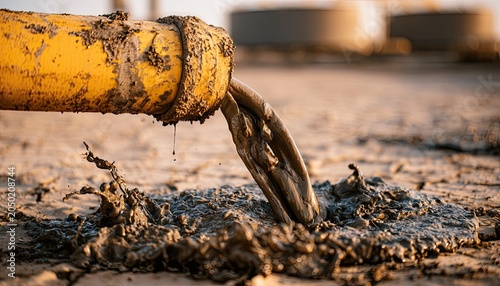 Muddy liquid gushing from a yellow pipe onto dry, cracked ground