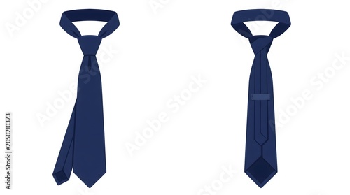Classic Necktie Flat Vector Mockup – Front Side Back View Navy Blue Illustration