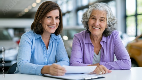 Car sales consultant assisting customer at modern dealership desk
