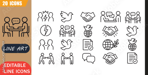 Fotografía Isolated Peace Negotiation Icons Set, 20 Editable Line Art Icons Set, Conflict R