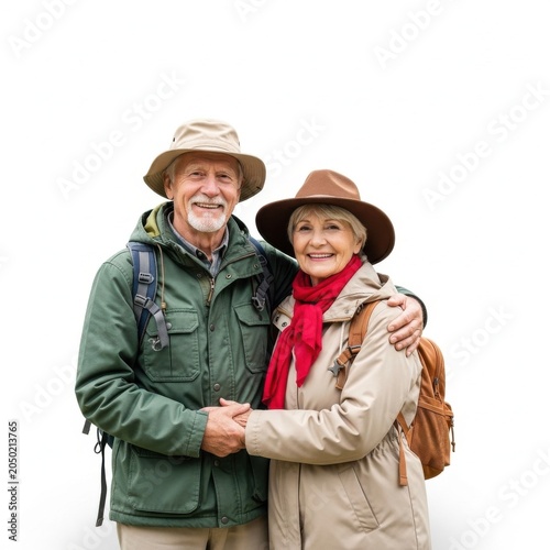 Smiling senior couple wearing hats standing outdoors isolated on white background