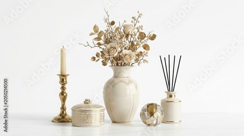 Elegant home decor still life, beige ceramic vase with dried flowers, gold brass candlestick and reed diffuser, luxury interior accessories isolated on White Background