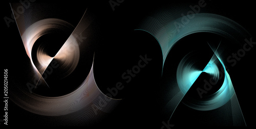Bild auf Leinwand Abstract striped blades with a metallic sheen rotate on a black background
