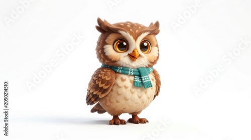 Adorable brown owl figurine wearing a teal winter scarf, cute forest animal character, charming bird sculpture for seasonal decor isolated on White Background