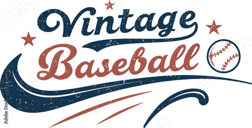 Vintage baseball text design with distressed texture, baseball graphic, and stars isolated on transparent background. Vector Illustration