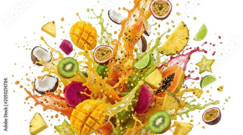 Dynamic tropical fruit splash with mango and pineapple, exotic fruit explosion with juice droplets, colorful summer smoothie ingredients in motion isolated on White Background