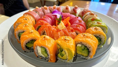 Variety sushi rolls on plate.