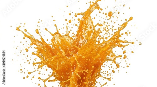 Dynamic orange juice splash with flying droplets, fresh citrus liquid explosion, vibrant fruit juice spray for beverage advertising isolated on White Background