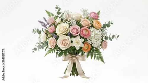 Elegant pastel flower bouquet with roses and ranunculus, romantic wedding floral arrangement, spring bridal bouquet with silk ribbon isolated on White Background